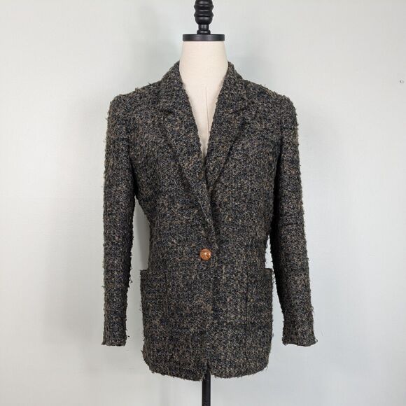 Vintage Liz Claiborne Blazer Jacket 4P Gray Tan Wool Blend Chunky 90s Academia - Picture 1 of 11
